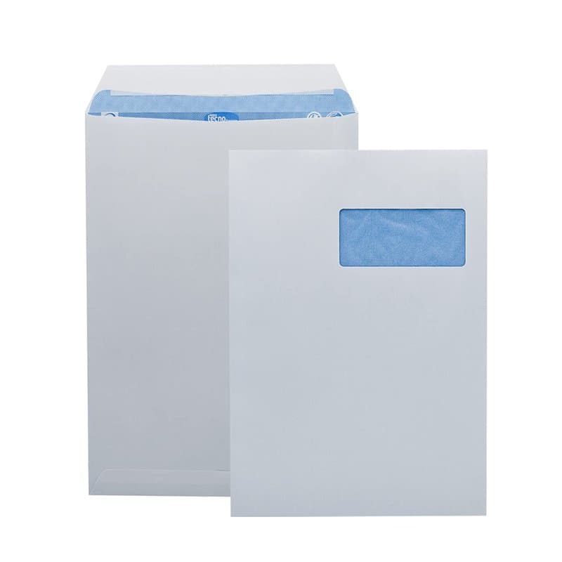 TECNO PRESTIGE, boîte de 250 pochettes extra blanc, bande de protection, 90g, Format C4 229x324mm avec fenêtre 110x50 à 52/20