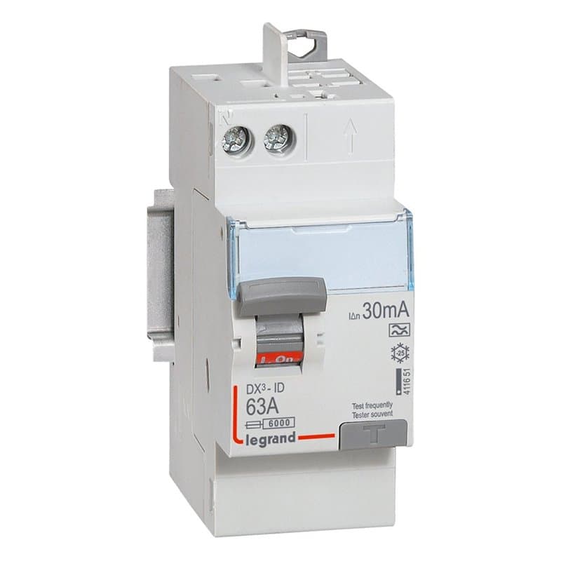 411651 Interrupteur différentiel DX³-ID arrivée haut à vis et départ haut automatique - 2P 230V~ 63A typeA 30mA - 2 modules
