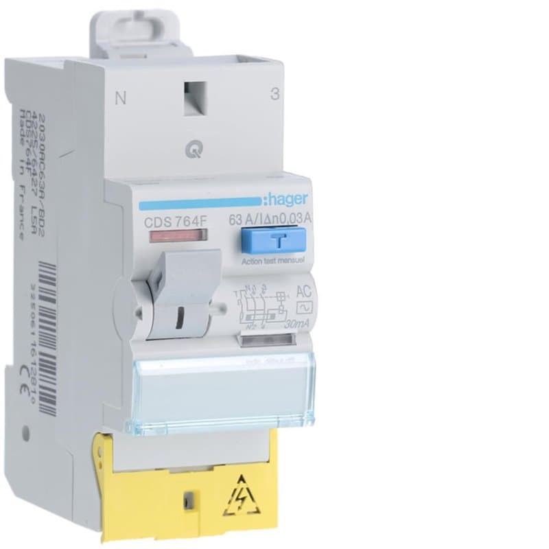 interrupteur différentiel hager - 63a - 30 ma - 2 pôles - type ac - auto/vis