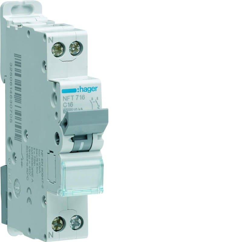 disjoncteur hager - 1 phase + neutre - 16a - 6ka - courbe c - vis/vis