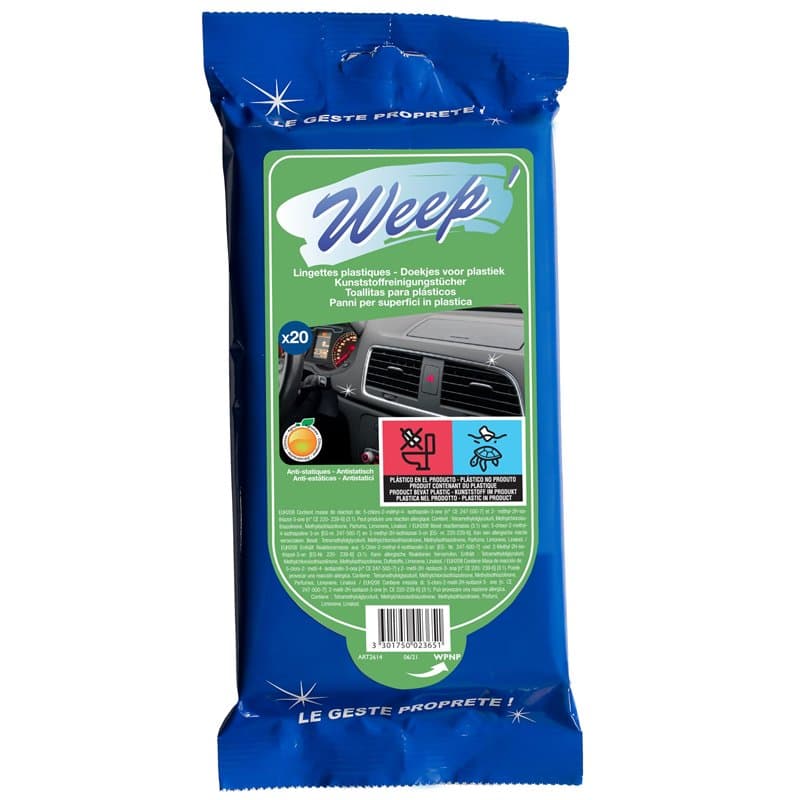 Weep Lingettes Plastiques Antistatiques Nettoyage Intérieur Voiture Parfum Agrumes (Paquet de 20)