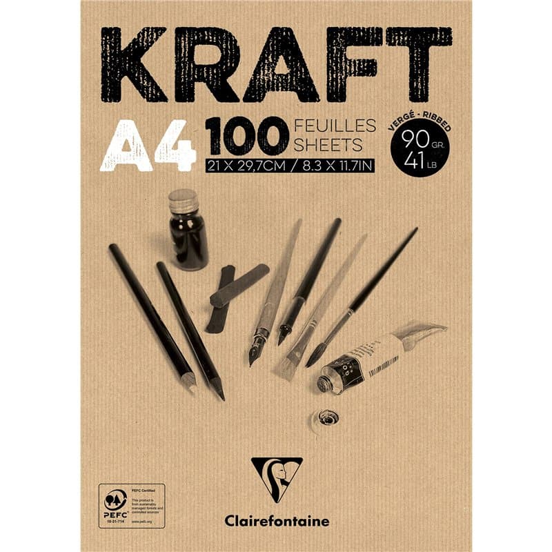 Clairefontaine 96545C Bloc Encollé Papier Kraft - 100 Feuilles Papier Kraft Vergé Brun A4 21x29,7 cm 90g - Papier Double Face po