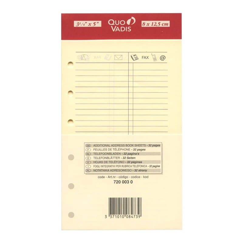 Quo Vadis - Accessoires de TIMER - Recharge FEUILLES TELEPHONE pour TIMER 14 - Papier ivoire Clairefontaine - Format 8x12,5cm