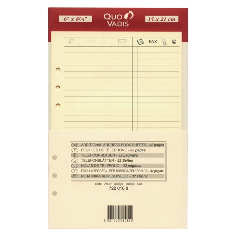 Quo Vadis - Accessoires de TIMER - Recharge FEUILLES TELEPHONE pour TIMER 21 - Papier ivoire Clairefontaine - Format 15x21cm