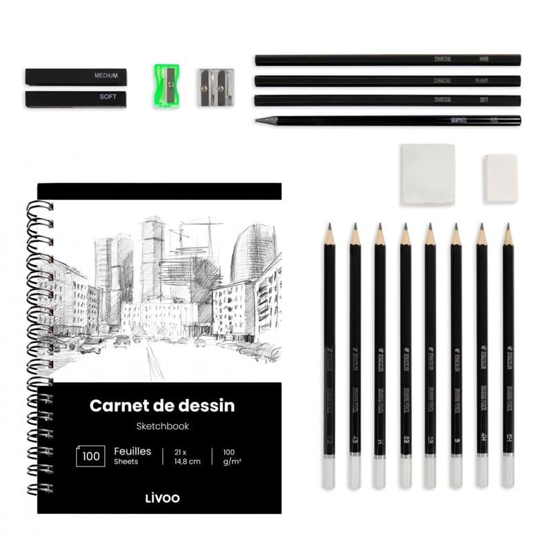 LIVOO - Kit de dessin 19 accessoires LOI002-12 crayons ombrés, 6 outils d'esquisse, 1 carnet