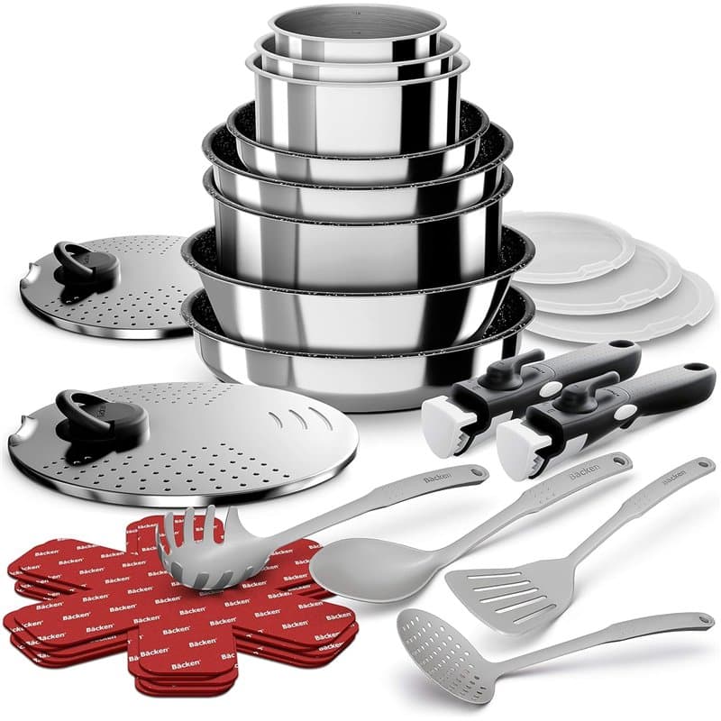 BACKEN 199924 Batterie cuisine 24 pcs, Poêles, Casseroles, Wok, Sauteuse, Couvercles, Poignées amovibles, Induction, Acier inoxy