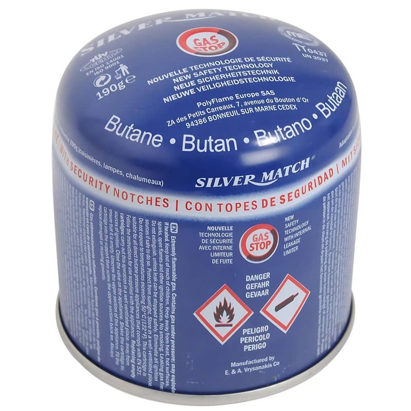 SILVER MATCH Cartouche de Gaz Perçable 190 G, Sécurité GAS LOCK, Gaz Butane Premium Pur, Idéal pour Cuisine, Chalumeau, Cuisiniè