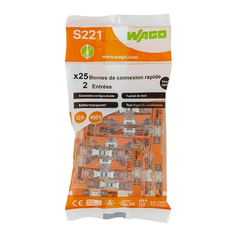WAGO - Bornes 2 entrées en ligne S221, 25 positions, Transparent, Serre-joint, Plastique, Montage panneau, 32A, 405V