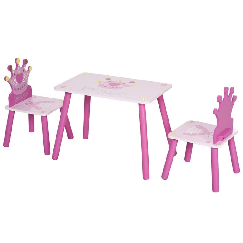 HOMCOM Ensemble Table et chaises Enfant Design Princesse Motif Couronne Bois pin MDF Rose