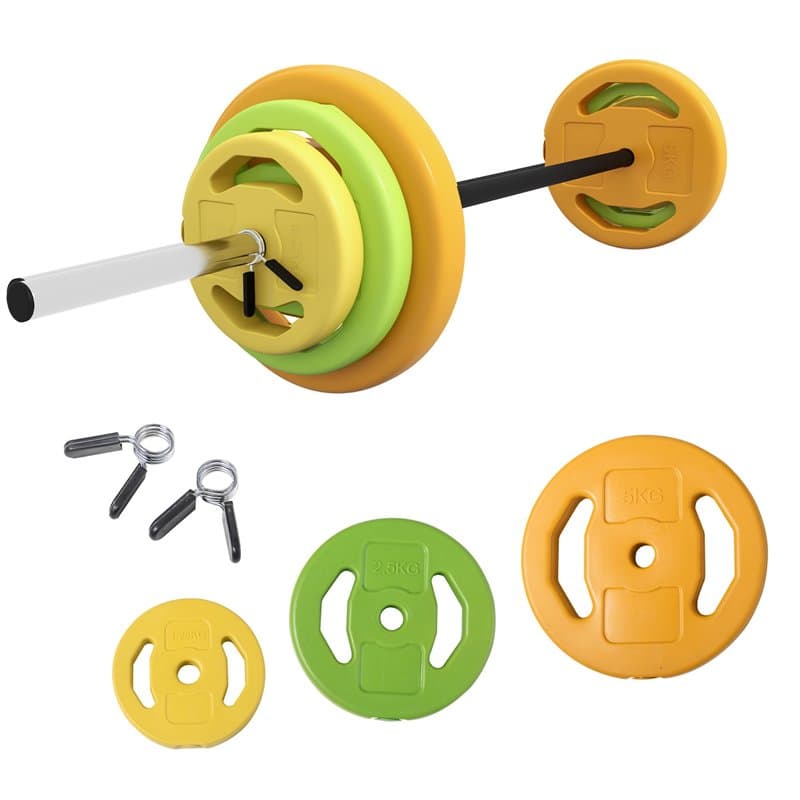 HOMCOM Ensemble haltères et barre 20 kg avec 6 haltères disques de 1,5 kg, 2,5 kg et 5 kg gym musculation orange vert et jaune