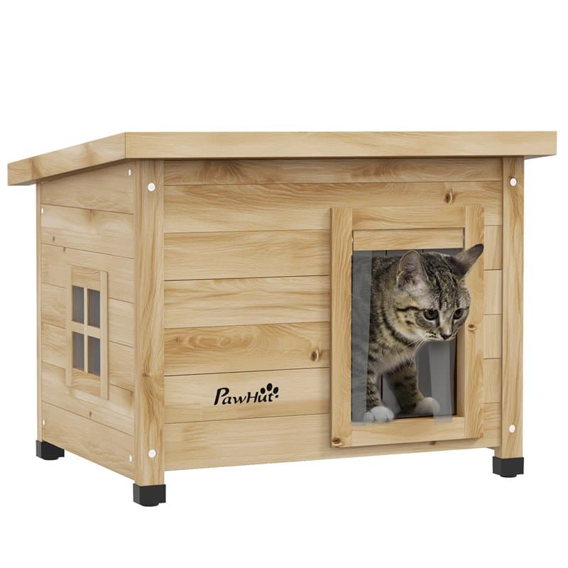 PawHut Maison pour Chats Niche d'extérieur en Bois surélevée avec Toit Asphalte, Porte avec Rideau, fenêtre, 57 x 45 x 43 cm Jau