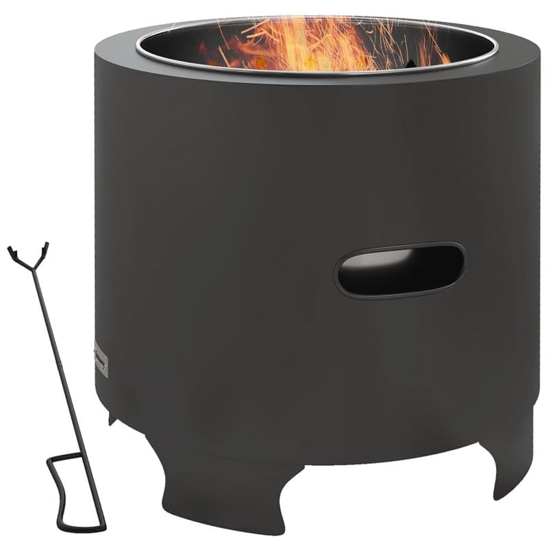 Outsunny Brasero sans fumée Foyer à Bois extérieur Rond Portable en métal avec Pot intérieur en Acier Inoxydable tisonnier poign