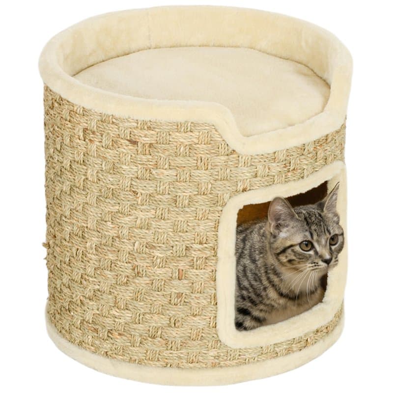 PawHut Tonneau à Gratter pour Chat, Arbre à Chat, Recouvert de Peluche, Corde d'Herbe de Mer pour Griffer, Capacité de 5 kg, Ø 3