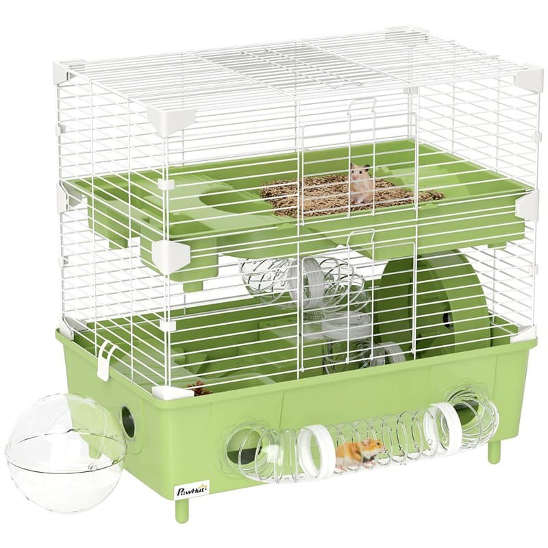 PawHut Cage pour Hamster à 2 Niveaux, Habitat pour Petits rongeurs avec Roue de Course, Salle de Bain en Sable, système de tuyau
