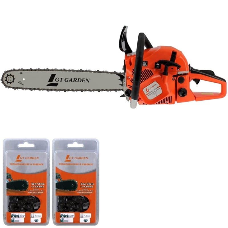 GT Garden Tronçonneuse thermique 62 cm3, 3.5 CV, guide 50 cm, 2 chaînes