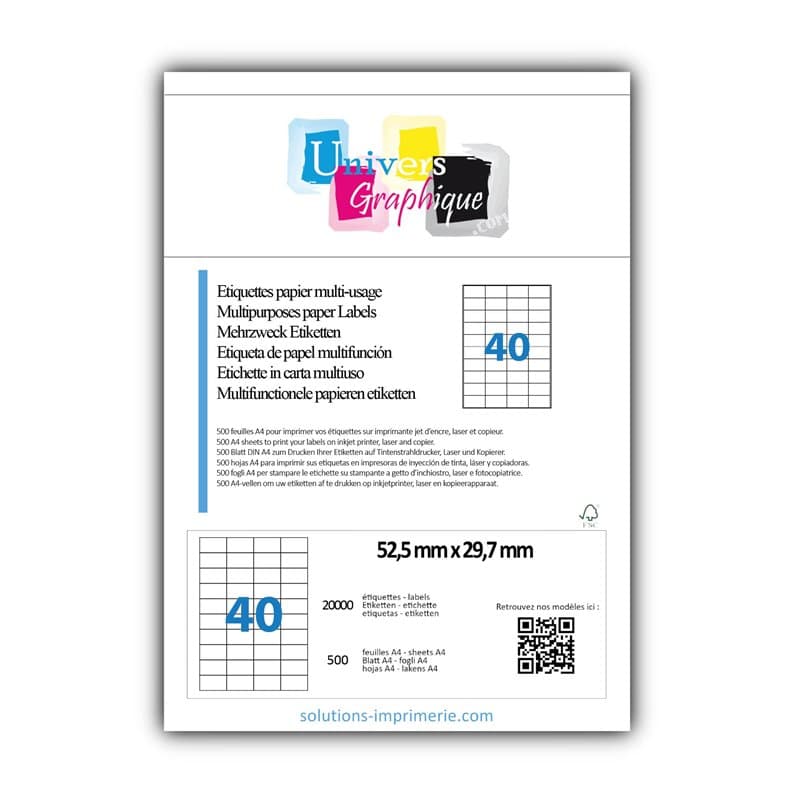 20000 Étiquettes autocollantes 52.5 x 29.7 mm - 500 Feuilles A4 de 40 étiquettes multi-usage compatibles jet d’encre, laser et c