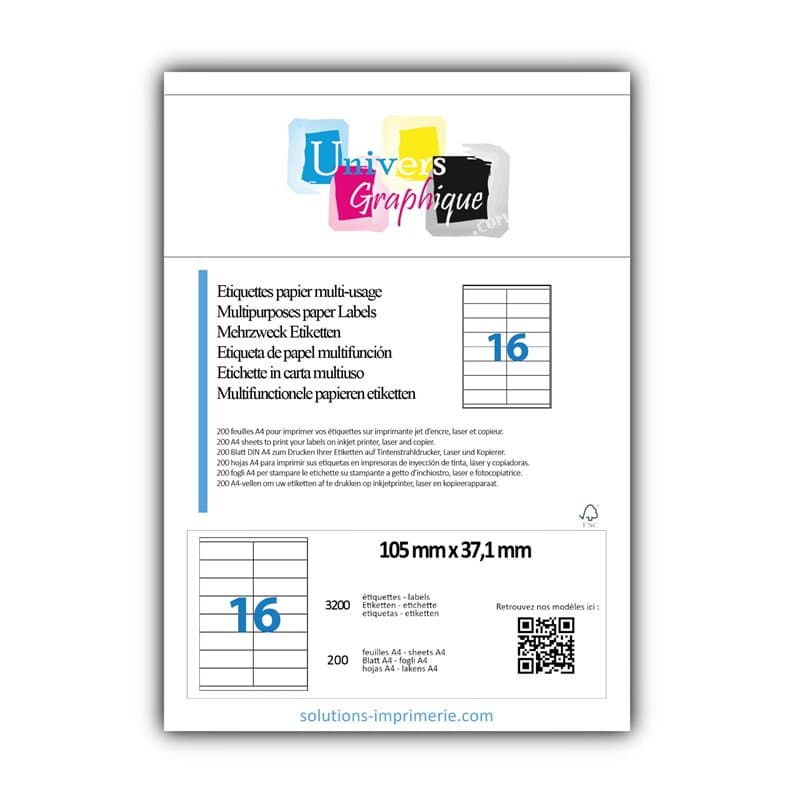 3200 Etiquettes autocollantes 105 x 37 mm soit 200 Feuilles A4 de 16 étiquettes multi-usage 105x37.1 mm compatible jet d’encre