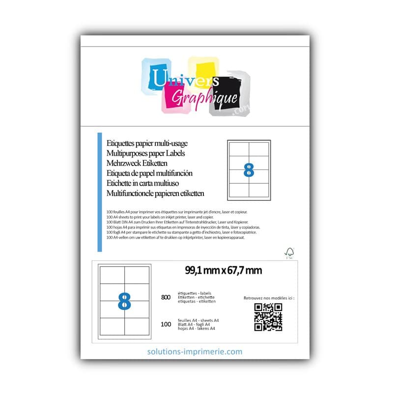 800 étiquettes blanches 99.1 x 67.7 mm adhésives personnalisables - 100 feuilles de 8 étiquettes autocollantes pour imprimante j