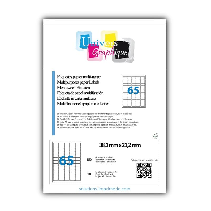 650 étiquettes 38 x 21 Petite Étiquette blanches adhésives personnalisable. = 10 feuilles de 65 mini étiquettes autocollantes bl