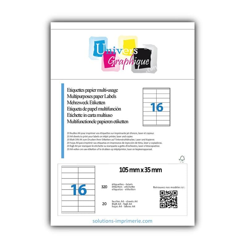 320 étiquettes autocollantes 105 x 35 mm - 20 feuilles A4 70 gr/m² pour impression laser, jet d'encre, Copieur. Etiquette domest