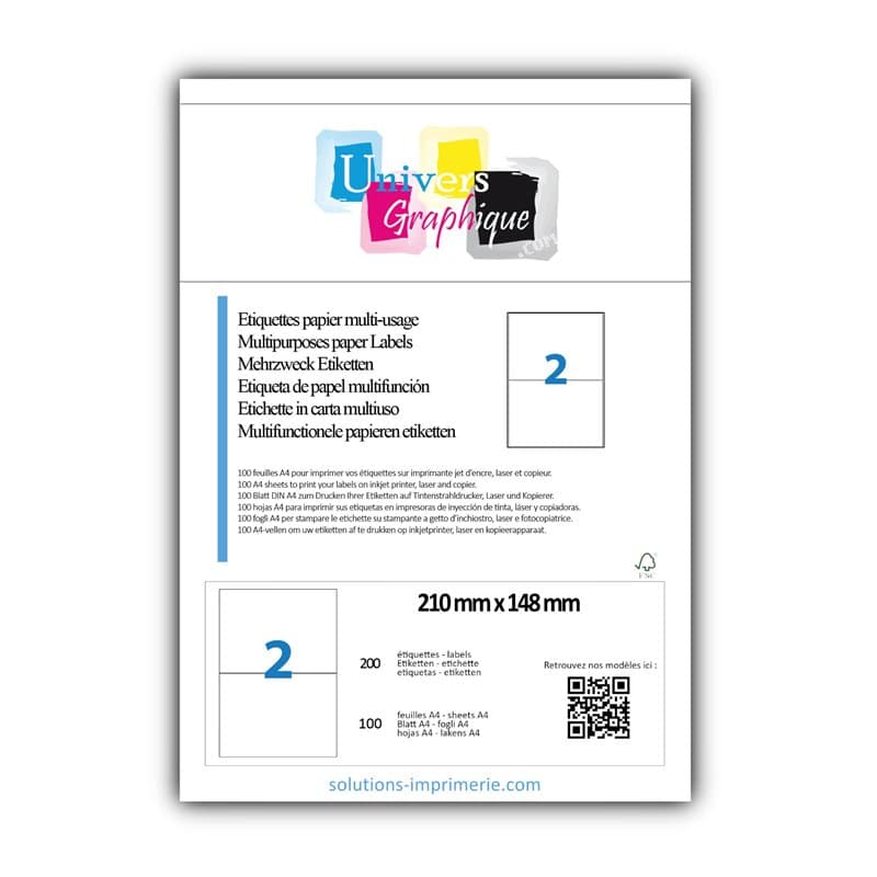 Jan ECO - 100 feuilles format A4, 2 étiquettes (210 x 148 mm) par feuille A4 = 200 étiquettes adhésives blanches pour impression