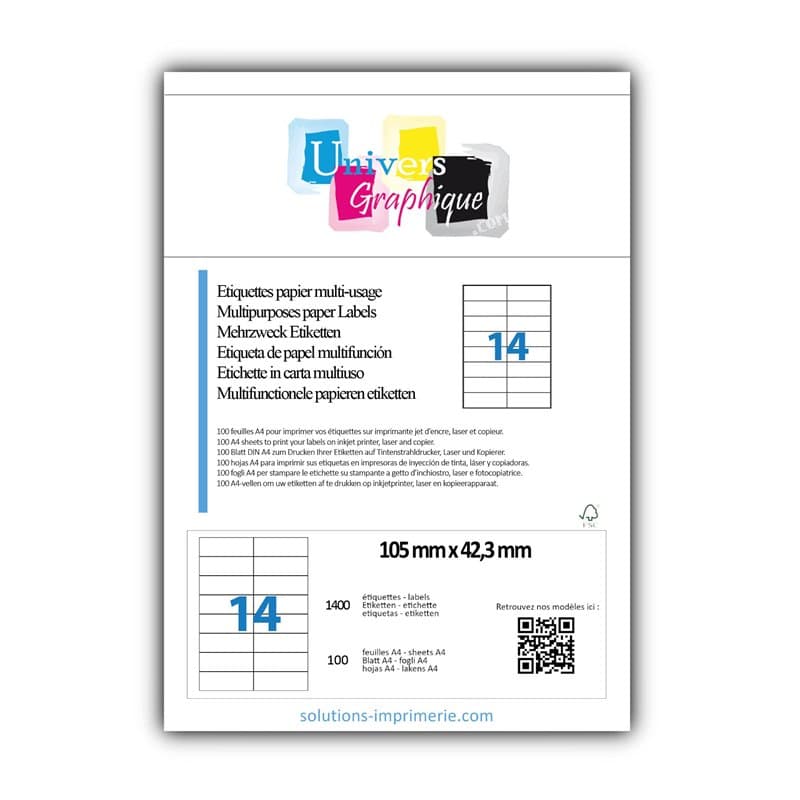 1400 étiquettes autocollantes 105 x 42 mm - 100 feuilles A4 avec 14 étiquettes adresse 105 x 42.3 mm - Pour étiquetage domestiqu