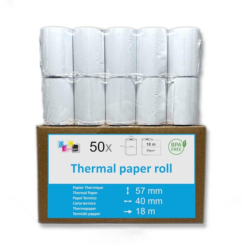 50 bobines de papier thermique pour terminal carte bleue - Dimension 57 x 40 x 12 mm - Bobines pour TPE machine carte cb bobine