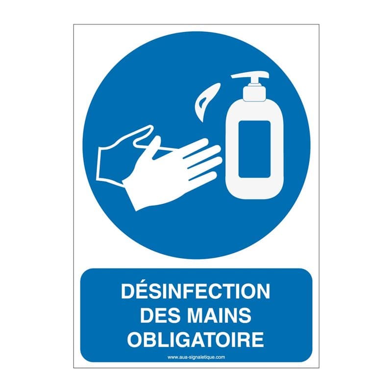 AUA SIGNALETIQUE - Panneau De Signalisation Geste Barrière Désinfection des Mains Obligatoire 4-210x300 mm, Vinyl adhésif