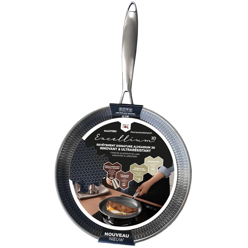 POELE A CREPES & GALETTES - EXCELLIUM 3D - Poêle Anti-adhésive Professionnelle - Compatible Four - Résistante & Polyvalente - Ni