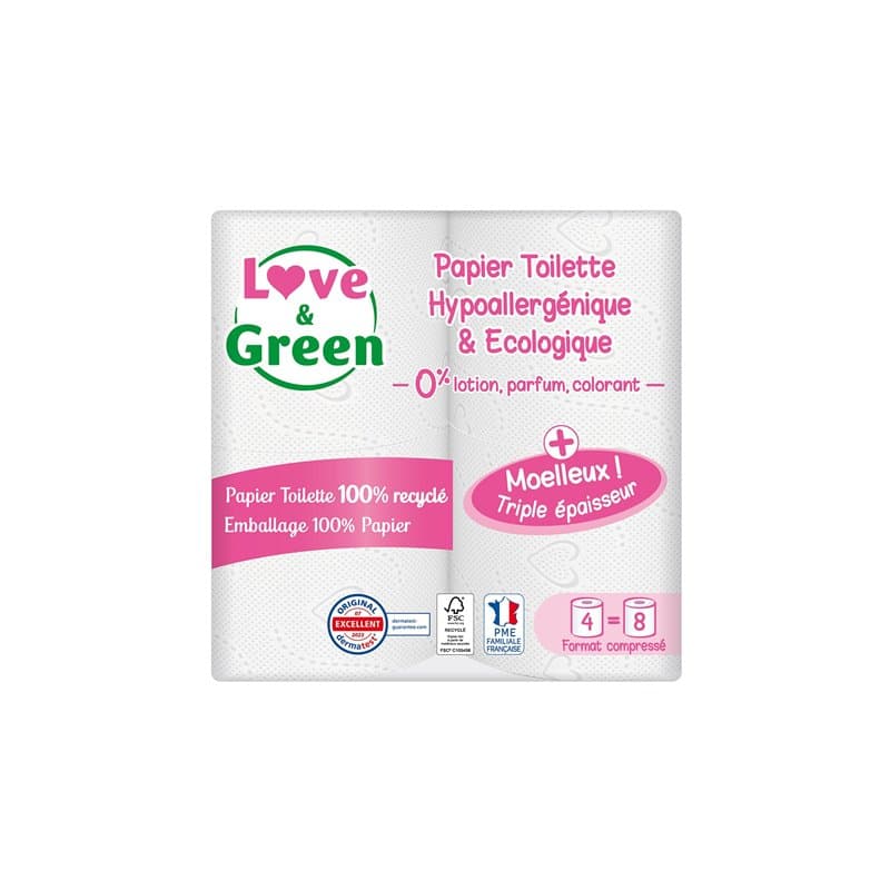 Love & Green - Papier Toilette 3 plis - triple épaisseur - Hypoallergénique (certifié Dermatest) et Ecologique (certifié FSC) -