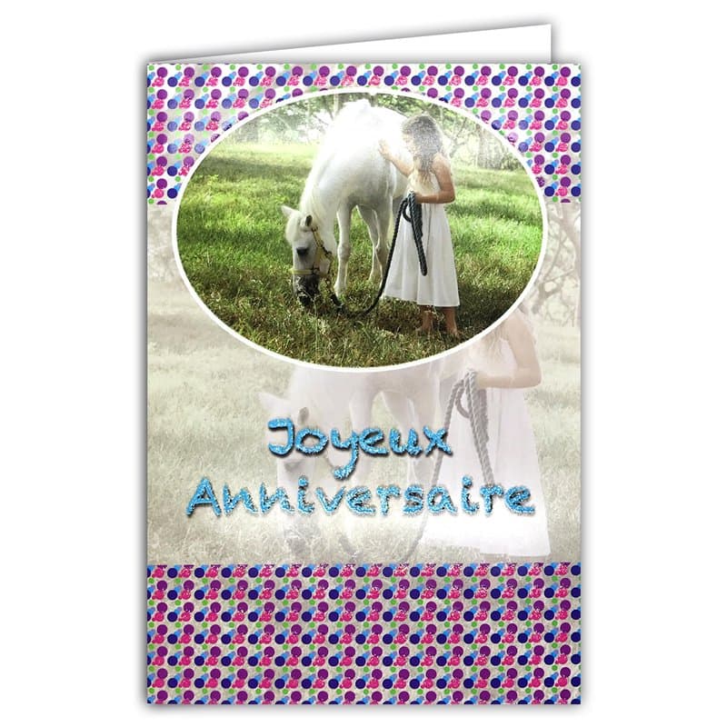 Carte Joyeux Anniversaire Paillettes pour Fille Cheval Blanc Poney Animal Pois Colorés Promenade Balade équitation Enveloppe Bla