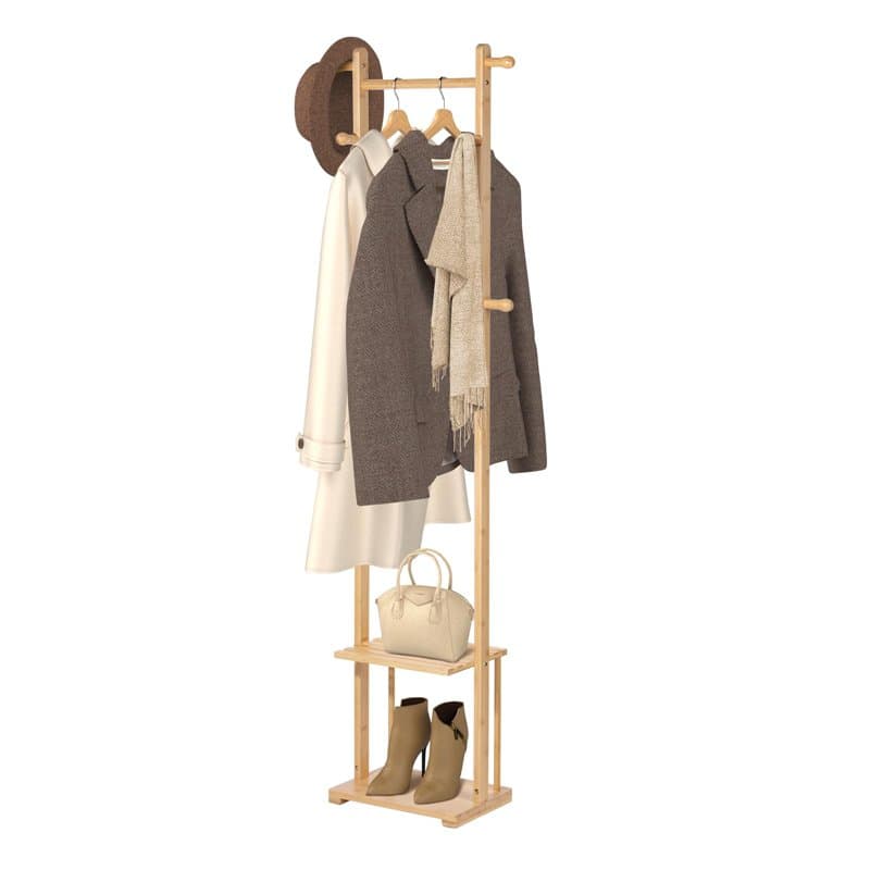Todeco Porte Manteau Sur Pieds Bambou avec étagère à 2 niveaux, 6 Patères et Tringles, Tapis Antidérapant, Portemanteaux pour En