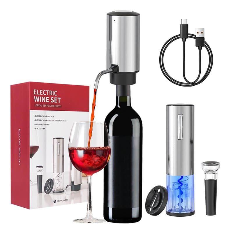 Todeco Tire Bouchon Electrique 4 en 1 Coffret Cadeau avec Ouvre Bouteille Rechargeable, Aérateur de Vin Automatique, Coupe-Capsu