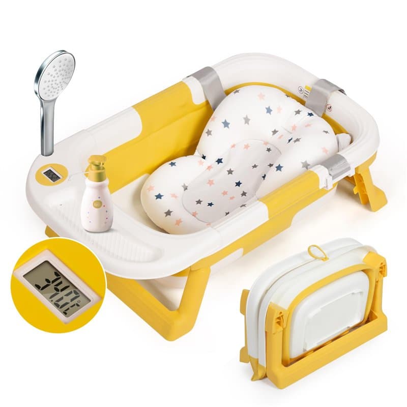 Leogreen Baignoire Pliable Bébé avec Coussin de Bain, Baignoire Bebe avec Thermomètre de Voyage Numérique Portable,Comprend un p