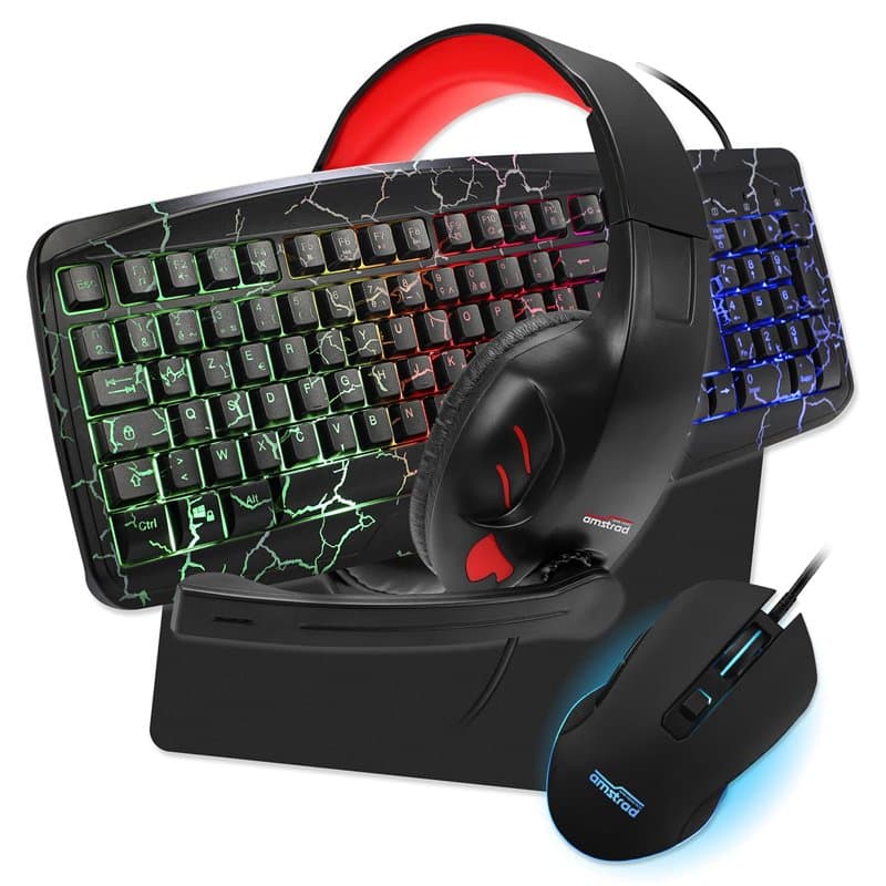 Amstrad Pack Pro Gamer Warriors 5 pièces: Clavier, Souris & Tapis, Casque & Adaptateur. Retro-éclairage RVB. AZERTY & USB
