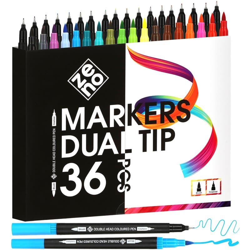 ZENO 36 Feutres Coloriage Adulte, Feutre Double Pointe, Pointe Fine & Pinceau, Sans Trace, Crayon Feutre Coloriage Adulte, Dessi