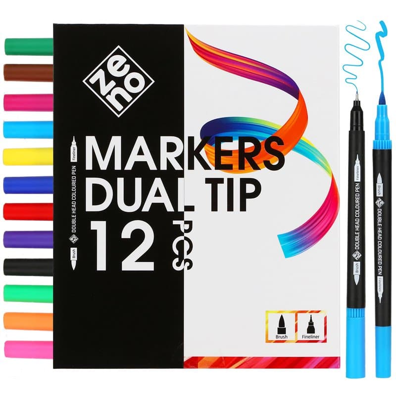 ZENO 12 Feutres Coloriage Adulte, Feutre Double Pointe, Pointe Fine & Pinceau, Sans Trace, Crayon Feutre Adulte, Dessin, Croquis