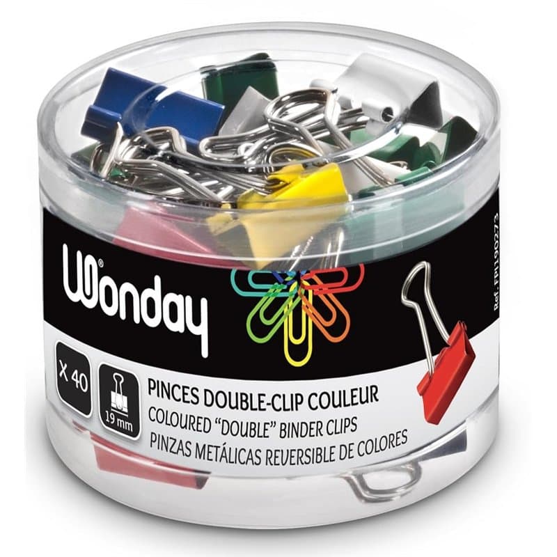 WONDAY - Boite de 40 Pinces Double-Clip 19 mm Couleurs assorties