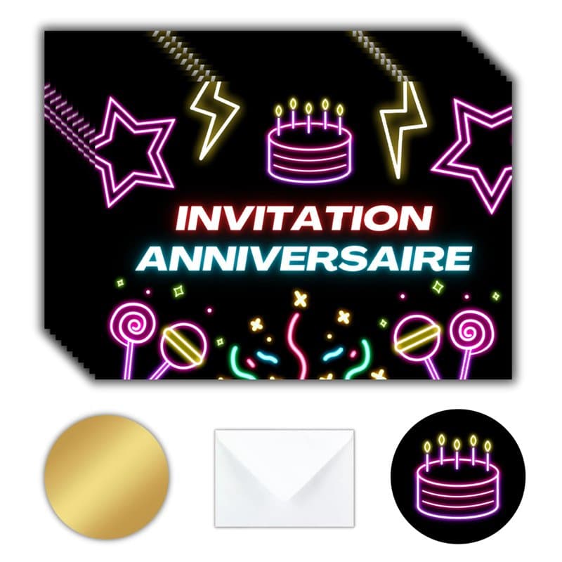 Magik Moments Kit Création Invitation Anniversaire Enfant à Gratter | Thème Néon | 10 Cartes avec Stickers, Enveloppes et Autoco