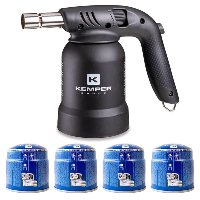 KEMPER - Lampe à souder à gaz Professionnelle Utilisation 360° Chalumeau Gaz Allumage piezo 4 Cartouches gaz Perçables