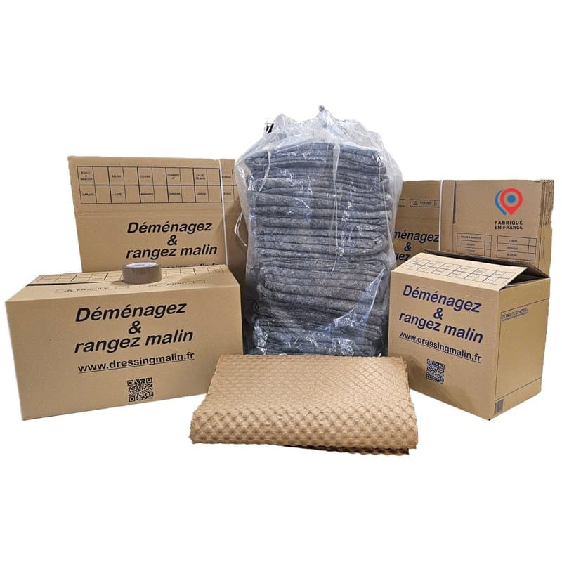 Kit déménagement T1 – 27 pièces : 10 cartons standard 55x35x30 cm (57L), 5 cartons livre 34x26x32 cm (28L), 10 papiers bulle bio