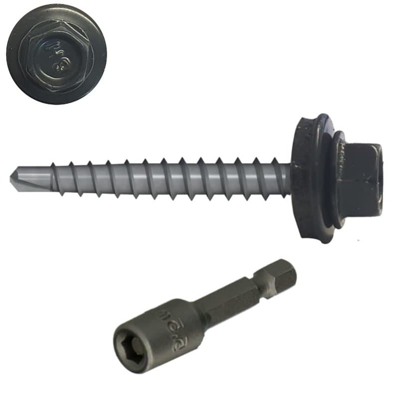 Vis autoperceuses 4,8x35 mm RAL 7016 gris anthracite tête hexagonale avec joint par 100 + 1 douille