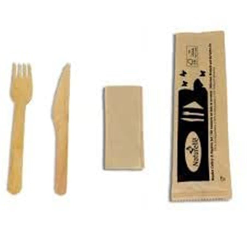 Kit Couverts Bois 3 en 1 Jetables | Lot de 100 Kits Individuels | Fourchette, Couteau Serviette | Bois Bouleau | Aucun Goût Ni O