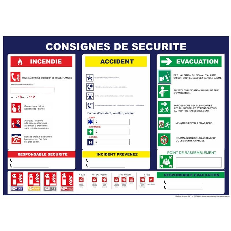 Consignes de sécurité - format paysage, bleu marine - Pour boutiques et entreprises. Affichage format A4 plastifié, Matt