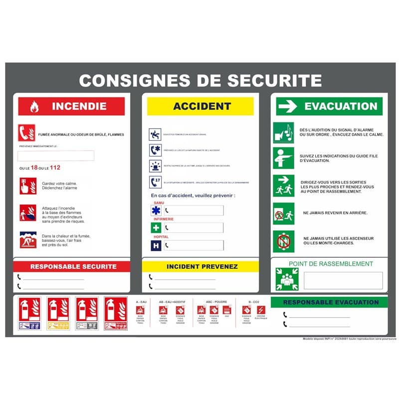 Consignes de sécurité - format paysage, gris - Pour boutiques et entreprises. Affichage format A4 plastifié, Matt