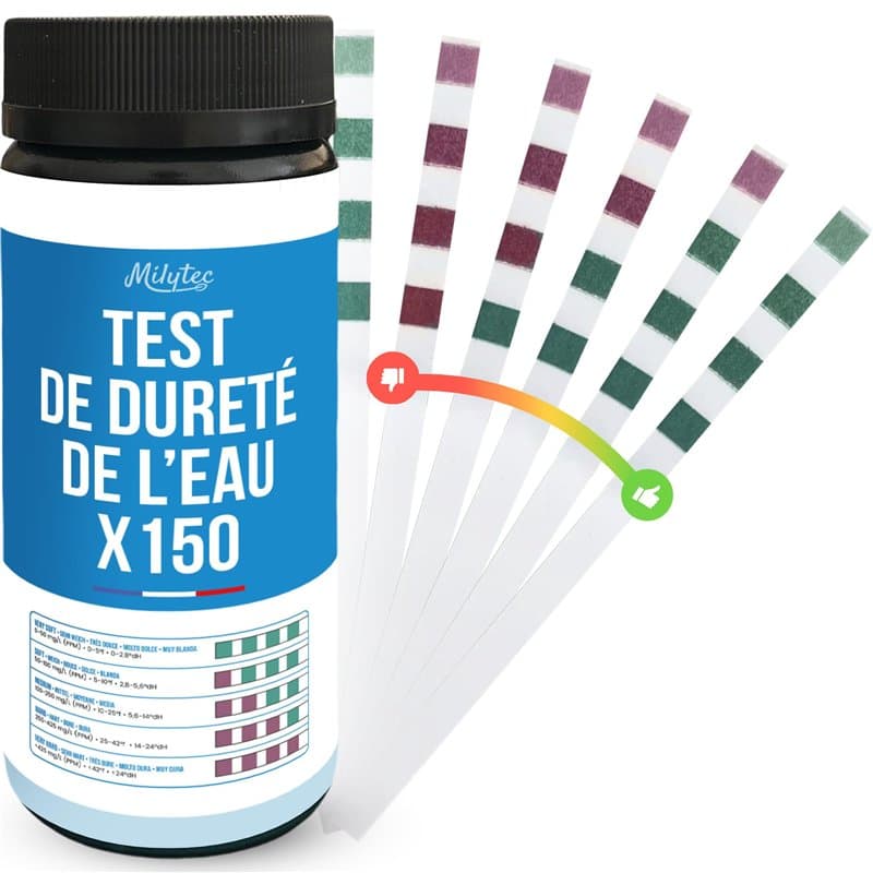 MILYTEC 150 Bandelettes Tests TH Eau Potable – Kit Analyse Dureté de l’Eau Calcaire – Testeur TH Adoucisseur, Aquarium, Piscine