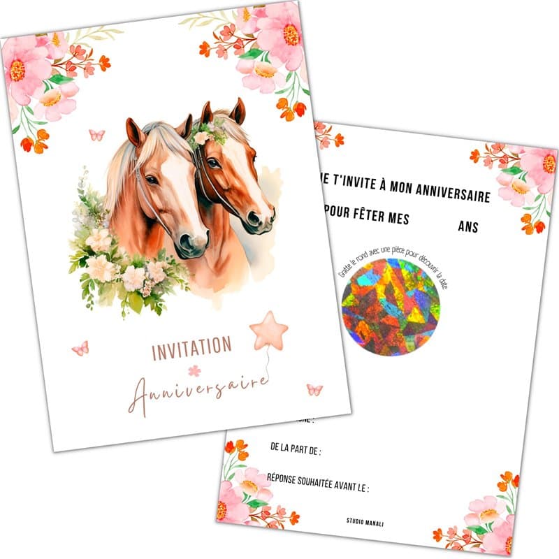 STUDIO MANALI 12 cartes invitation anniversaire à gratter enfant fille et garçon - 12 enveloppes - 12 stickers - theme CHEVAL