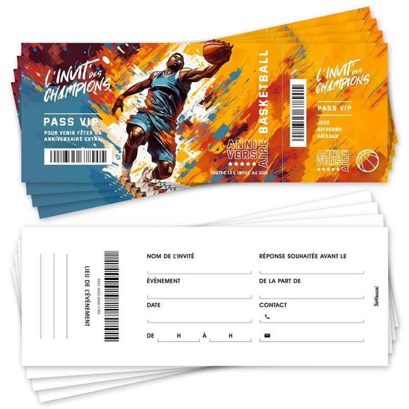 SoKawaï - Lot de 12 invitations anniversaire en Français | Thème Basketball | Format ticket | Design moderne