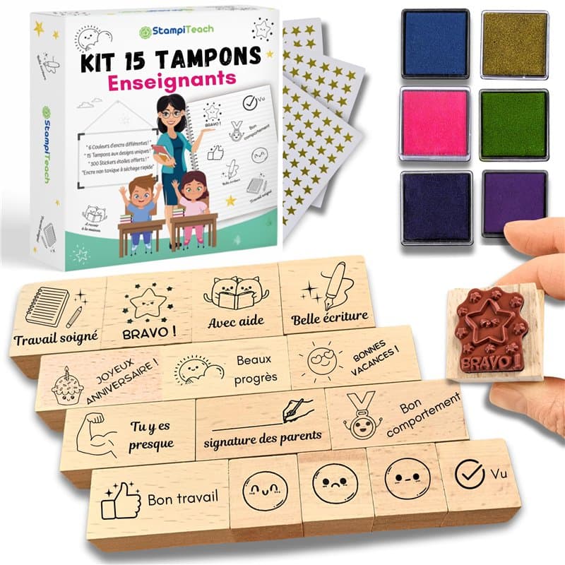Tampon Enseignant Français - Kit 15 Tampons enseignants Correction & Encouragement,6 Encreurs,300 Autocollants,Ebook, Tampon mai