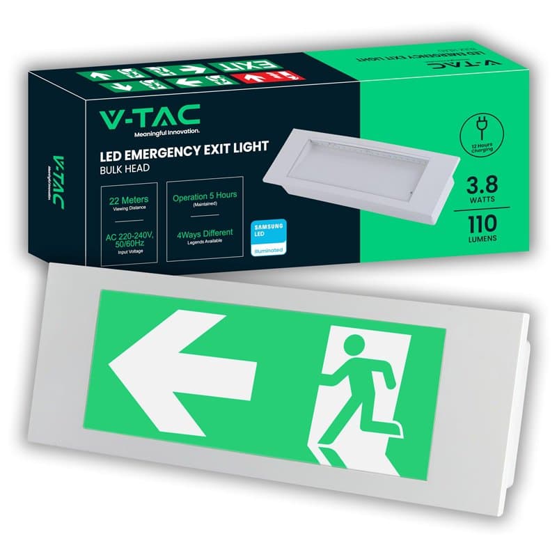 V-TAC Éclairage de Secours LED 3,8W – Lampe LED Encastrable pour Sortie de secours, Sécurité et Urgences avec Batterie 25000 mAh